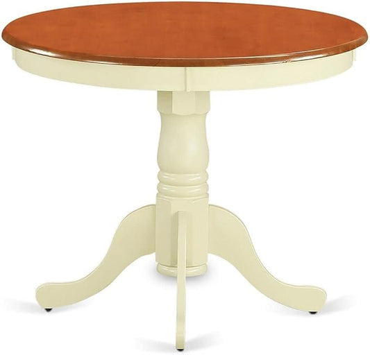 East West Furniture ANT-WHI-T Antique Modern Dining Table - a Round Kitchen Table Top with Pedestal Base, 36x36 Inch, Buttermilk & Cherry