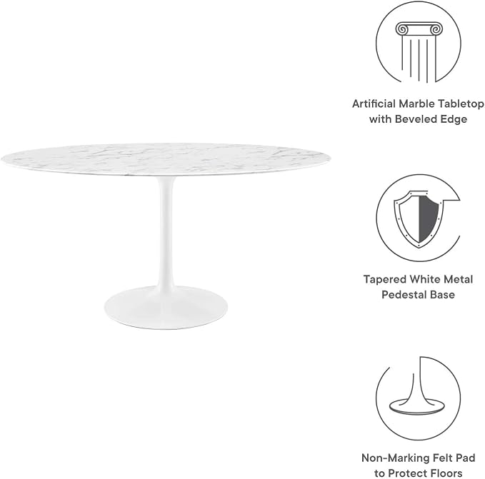 Modway Lippa 60" Oval-Shaped Mid-Century Modern Dining Table with Artificial Marble Top and White Base