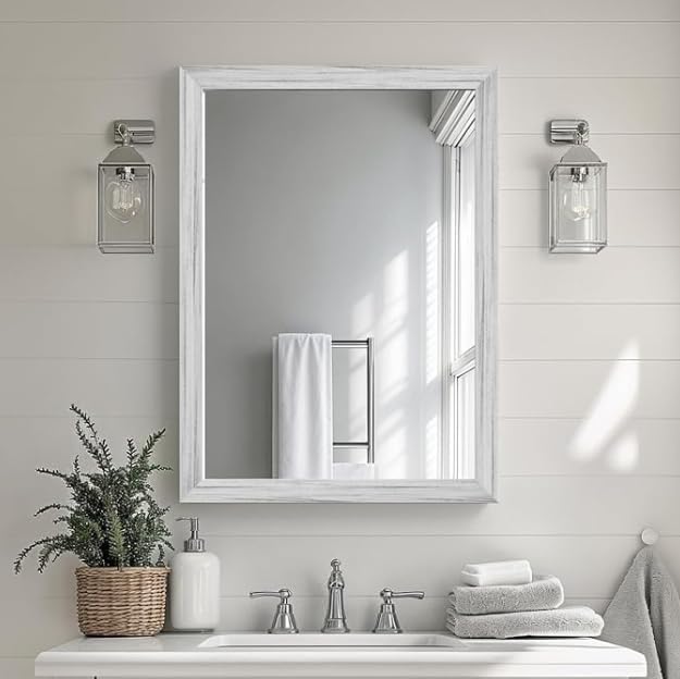 White Wood Effect Framed Wall Mirror, 24x32 Rectangle Mirror, Anti-desilvering Tempered Glass, Sustainable& Sturdy Frame, Anti-Rust, HD Reflection &3min Fast Setup for Bathroom Living Room
