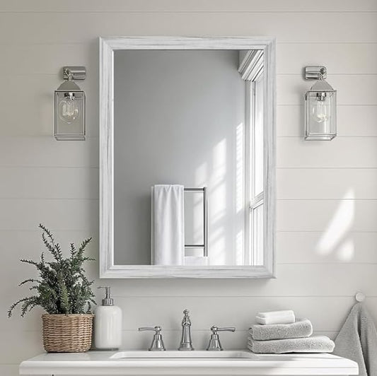 White Wood Effect Framed Wall Mirror, 20x30 Rectangle Mirror, 1/8" Anti-desilvering Tempered Glass, Sustainable& Sturdy Frame, Anti-Rust, HD Reflection &3min Fast Setup for Bathroom Living Room