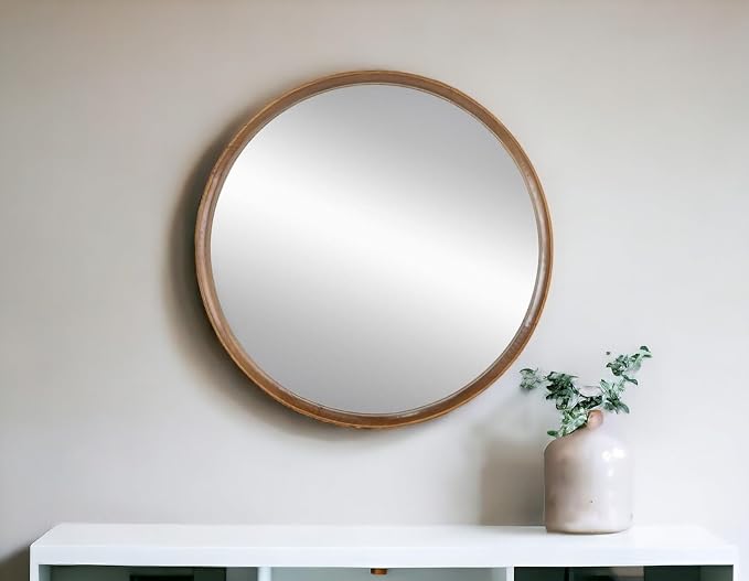 HomeRoots 32" Brown Round Framed Accent Mirror