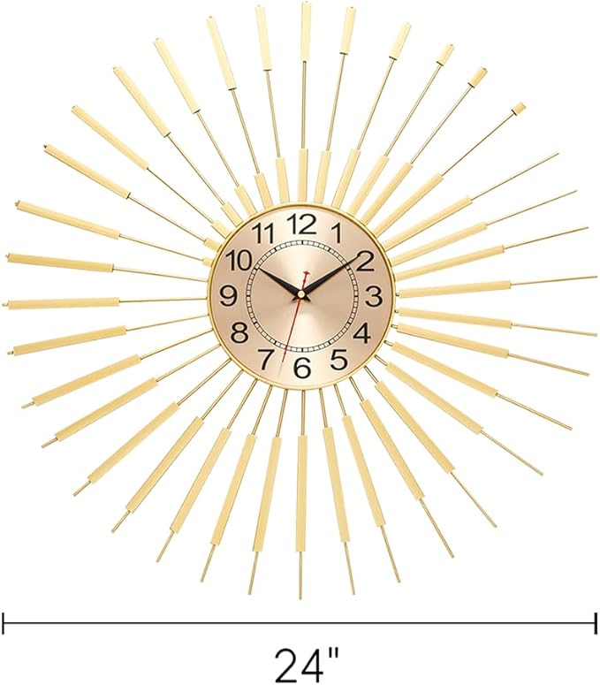 Gold Wall Clock Decor Silent 24" Battery Operated, Mid Century Modern Decorative Clock Metal Hanging for Living Room Bedroom Office