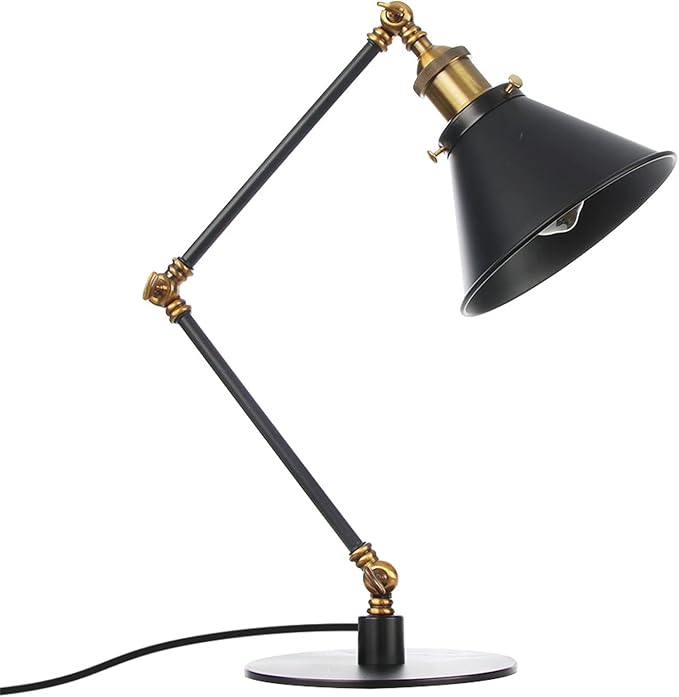Makeup Vintage Desk Lamp, Industrial Metal Task Table Lamp with Adjustable Swing Arm, Bedroom Bedside Night Light Cafe Retro Reading Lighting,Black+Gold