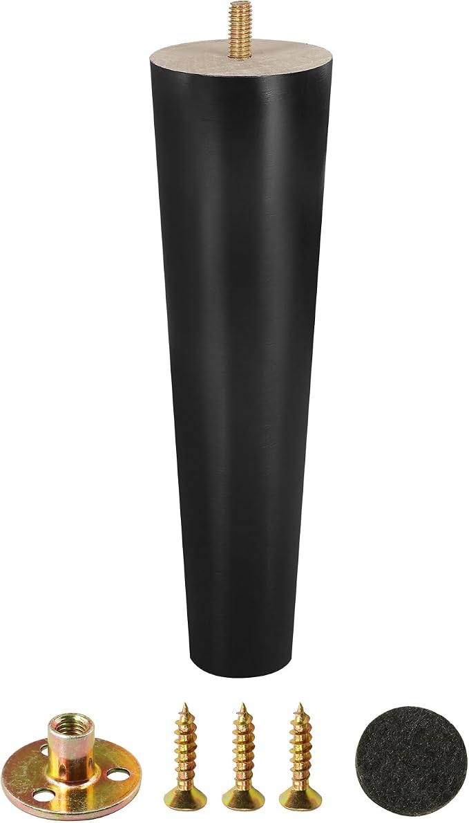 FoDau770 Black Rubber Wood Furniture Legs 9 Inches, 5/16" UNC Straight Tapered Wood Feet Mid Century Sofa Legs, Wooden Furniture Feet Replacement Parts for Cabinet Couch Dresser Chair Ottoman Table