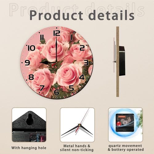 FemiaD Rose Flower Wall Clock 10inch Silent Non-Ticking Battery Operated Quartz Round Wooden Wall Clock Decorative for Kitchen Bedroom Living Room Home Decor