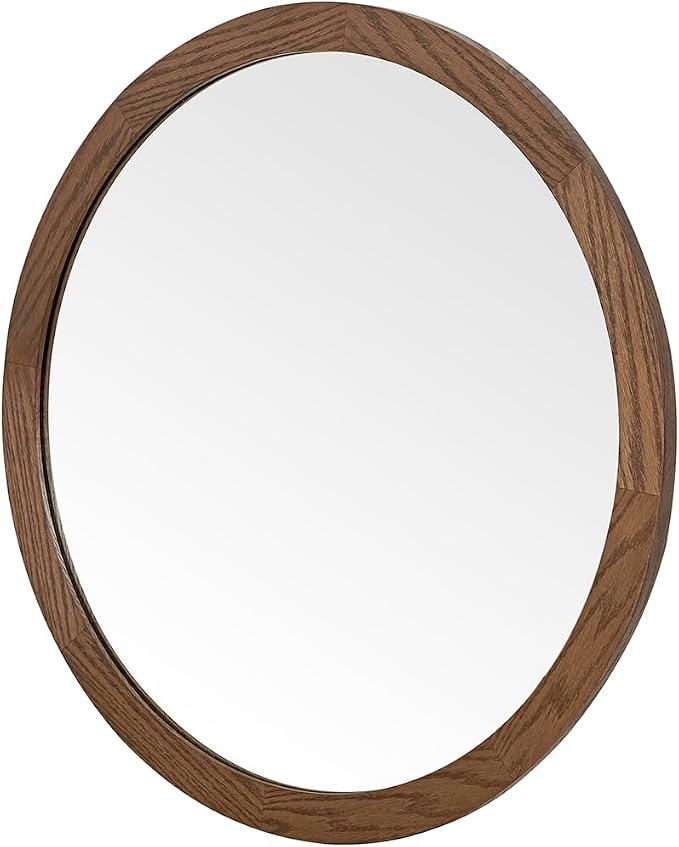 ARIEL Round Wooden Mirror 24" in Brown Oak, Wood Circle Wall Mirror for Bathroom, Vanity, Entryway & Living Room Decor, Farmhouse Style