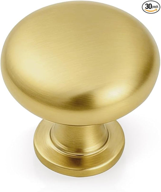 30 Pack Solid Cabinet Knob Brushed Brass Kitchen Drawer Knob,Dresser Knob Brass Furniture Hardware, Diameter:1-1/5"