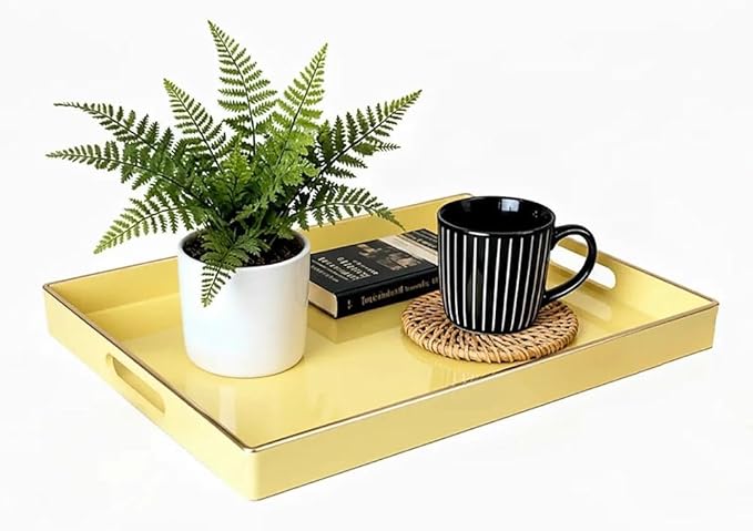 Decorative Tray, Rectangular Plastic Tray with Handles, Modern Vanity Tray and Serving Tray for Bathroom, Kitchen, Ottoman and Coffee Table, 15.6" x 10.2"(Light Yellow)
