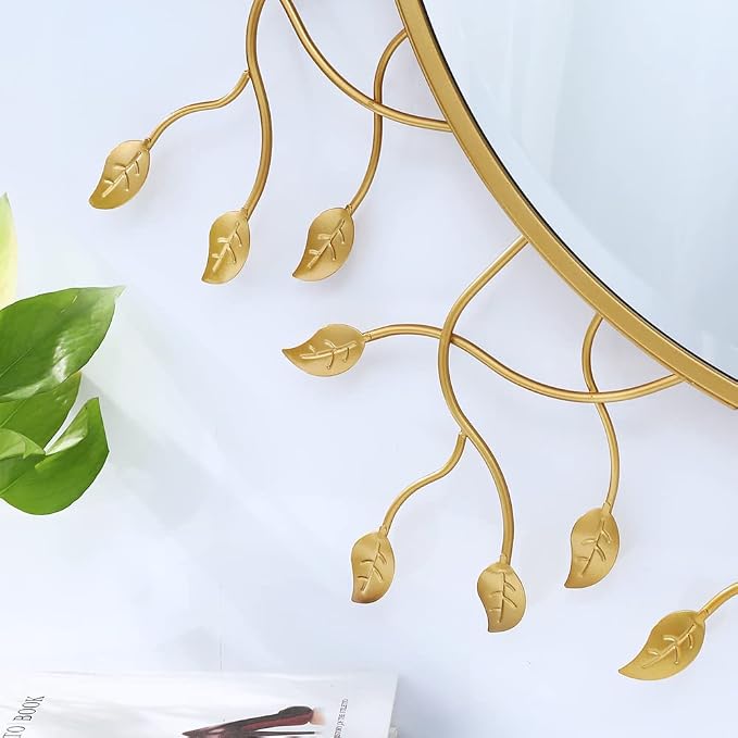 Chende 39" x 39" Gold Decorative Wall Mirror, Large Round Mirror with Metal Leaves, Gold Frame for Living Room, Entrance, Dining Room, Bedroom