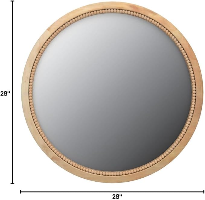 sawsile Round Wood Mirror,28 inch Circle Rustic Farmhouse Natural Wooden Frame Boho Beads Wall Mirror for Bathroom,Living Room,Bedroom or Entryway