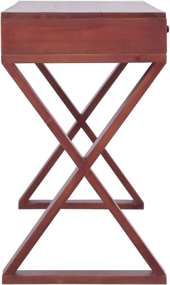 Solid Mahogany Wood Computer Desk with 3 Drawers, 45.3-inch Mid-Century Writing Table for Home Office, Bedroom, Study Desk with Cross-Legged Frame, Brown