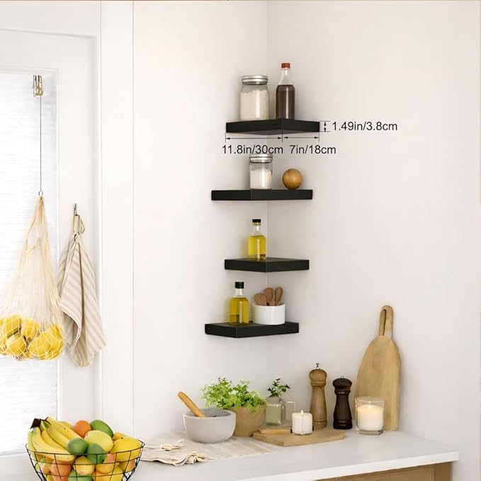 Floating Shelves for Wall, Black Small 11.8" Bathroom Shelves and Floating Shelf for Storage, Display Shelf for Home Decor, Over Toilet Organization for Bedroom, Living Room, 4-Pack