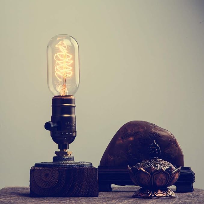 Industrial Steampunk Desk Lamp,Vintage Steam Punk Piping Table Top Lamp,Antique E26 Small Edison Bulb Iron Retro Lamps with Minimalist Loft Style Accent Wood Base for Bedside,Café,Bar,Pub,etc