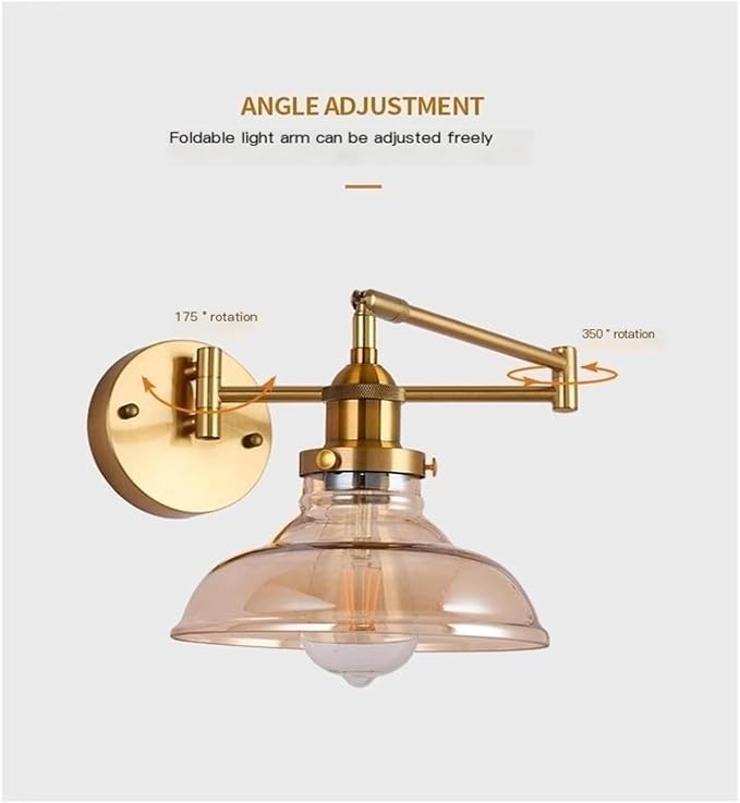 Folding Wall Lamp Retro Rocker Arm Wall Lamp Bedroom Bedside Lamp Iron + Glass Art Living Room Study Reading Wall Sconce Swing Arm Adjustable Vintage Wall Mount Light Sconce (Color : A)
