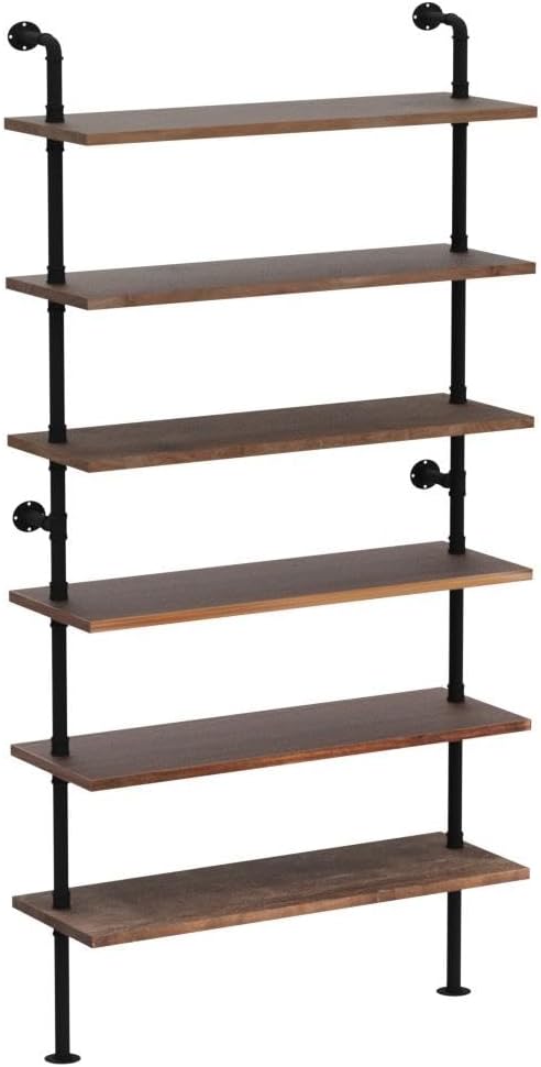 6 Tier Industrial Ladder Shelf Bookcase, Wall Mounted Rustic Bookshelf for Living Room Decor and Storage (Weathered Brown, 6 Tier - 10" D x 36" W x 82.5" H)