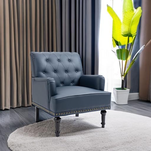 MOJAY PU Leather Accent Chair, Mid-Century Armchair Living Room Sofa Chair with Rubber Wood Leg, Club Chair with Rivet Trim for Bedroom Reading Room Reception (DarkBlue)