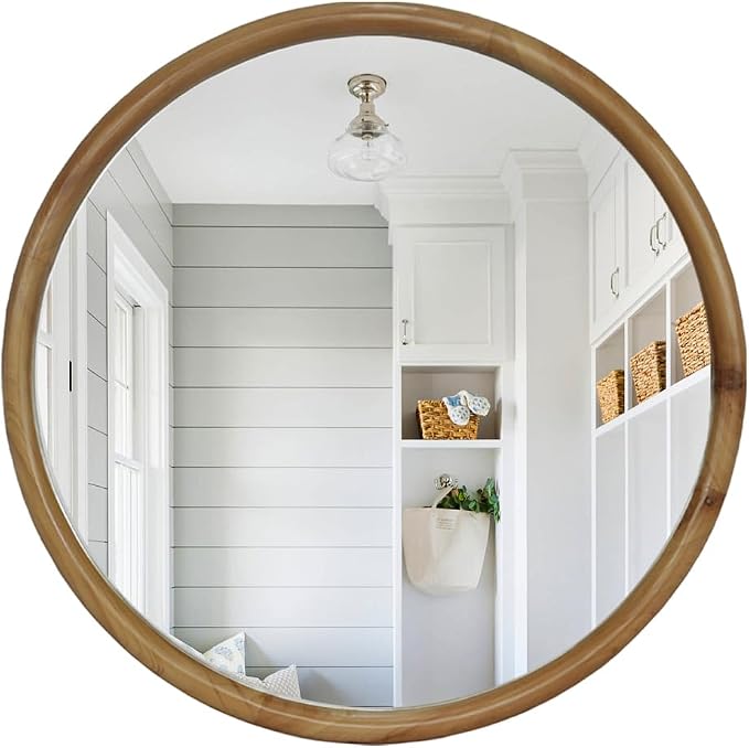 Round Wood Framed Wall Mirror Mid-Century Modern Decorative Bathroom, Bedroom, Entryway