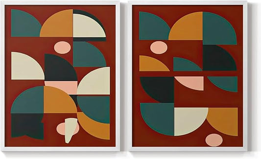 Renditions Gallery Set of 2 Peel & Stick Framed Prints, Mid Century Abstract Wall Art, Modern Geometric Shapes Wall Decor, Re-Stickable - Ready to Hang - 16"x20" - White Frame LT588
