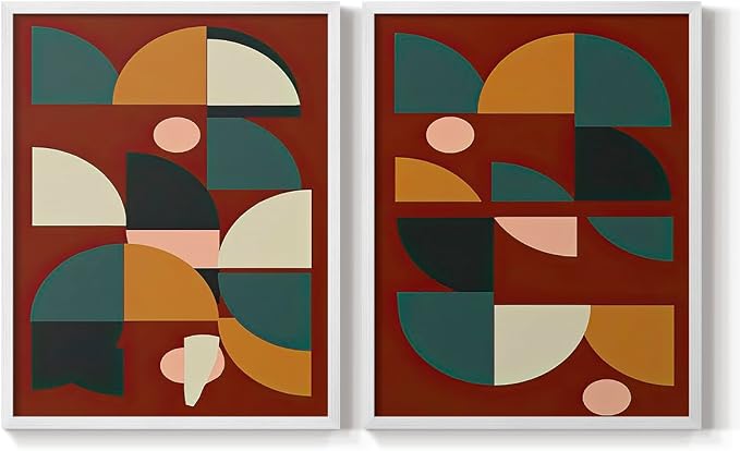 Renditions Gallery Set of 2 Peel & Stick Framed Prints, Mid Century Abstract Wall Art, Modern Geometric Shapes Wall Decor, Re-Stickable - Ready to Hang - 22"x28" - White Frame LT588