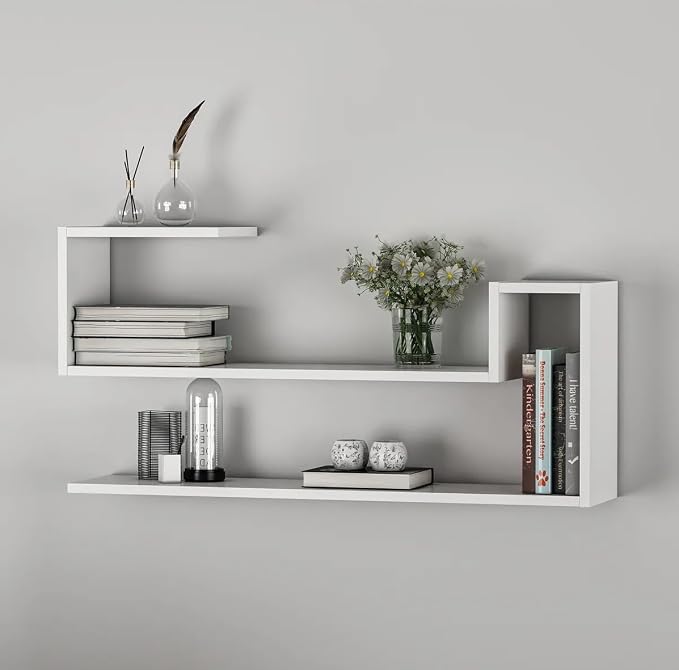 Geometric Wall Shelf: Modern MDF Floating Bookshelf (White)