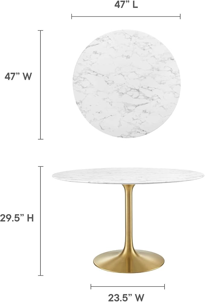 Modway Lippa 47" Mid-Century Dining Table with Round Artificial Marble Top in Gold White