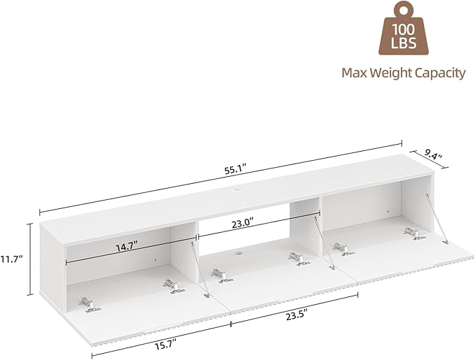 Floating TV Stand with 3 Doors,55IN Wall Mounted TV Cabinet,Floating Media Console Slatted Entertainment Center with Storage,Under TV Shelf for Bedroom Living Room,White