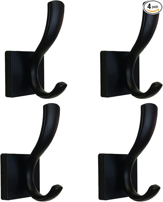 Black Towel Hooks,Double Towel Robe Clothes Coat Holder,Heavy Duty Wall Mount Hooks for Bath Bedroom Kitchen Pool Garage Hotel,4 Pack