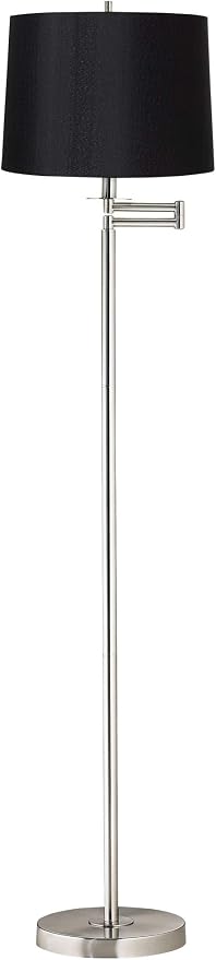 360 Lighting Modern Swing Arm Floor Lamp Standing 60 1/2" Tall Brushed Nickel Silver Adjustable Black Hardback Drum Shade Decor for Living Room Reading House Bedroom Office
