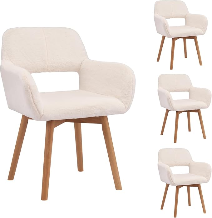 Mid Century Modern Dining Chairs Set of 4 Comfy Accent Chair Upholstered Kitchen Dining Living Room Chairs for Bedrooms Waiting Room Home Arm Desk Chair No Wheels (Rabbit Fur White, 4)