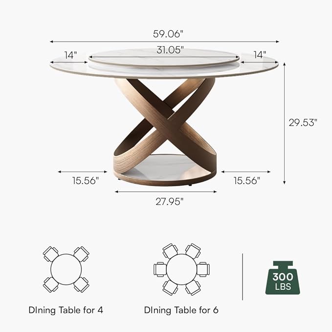 POVISON 59" Modern Round Dining Table with Lazy Susan, Glass Round Kitchen Table for 6, Glass Dining Room Table Top with Bronze X Carbon Steel Base for Dining Room (Dining Table Only)