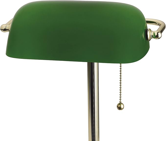 Catalina Lighting 13.5'' Traditional Banker's Lamp Light Fixture with Green Glass Cylinder Shade for Office, Library, Living Room, or Dorm, Polished Brass