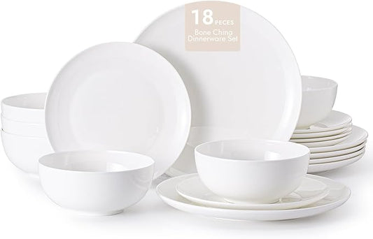 KINGSTONE Bone China Dinnerware Sets, 18-Piece Dinnerware Set for 6, Lightweight Durable, Microwave and Dishwasher Safe, Tableware for Daily Use with Elegant Design, White
