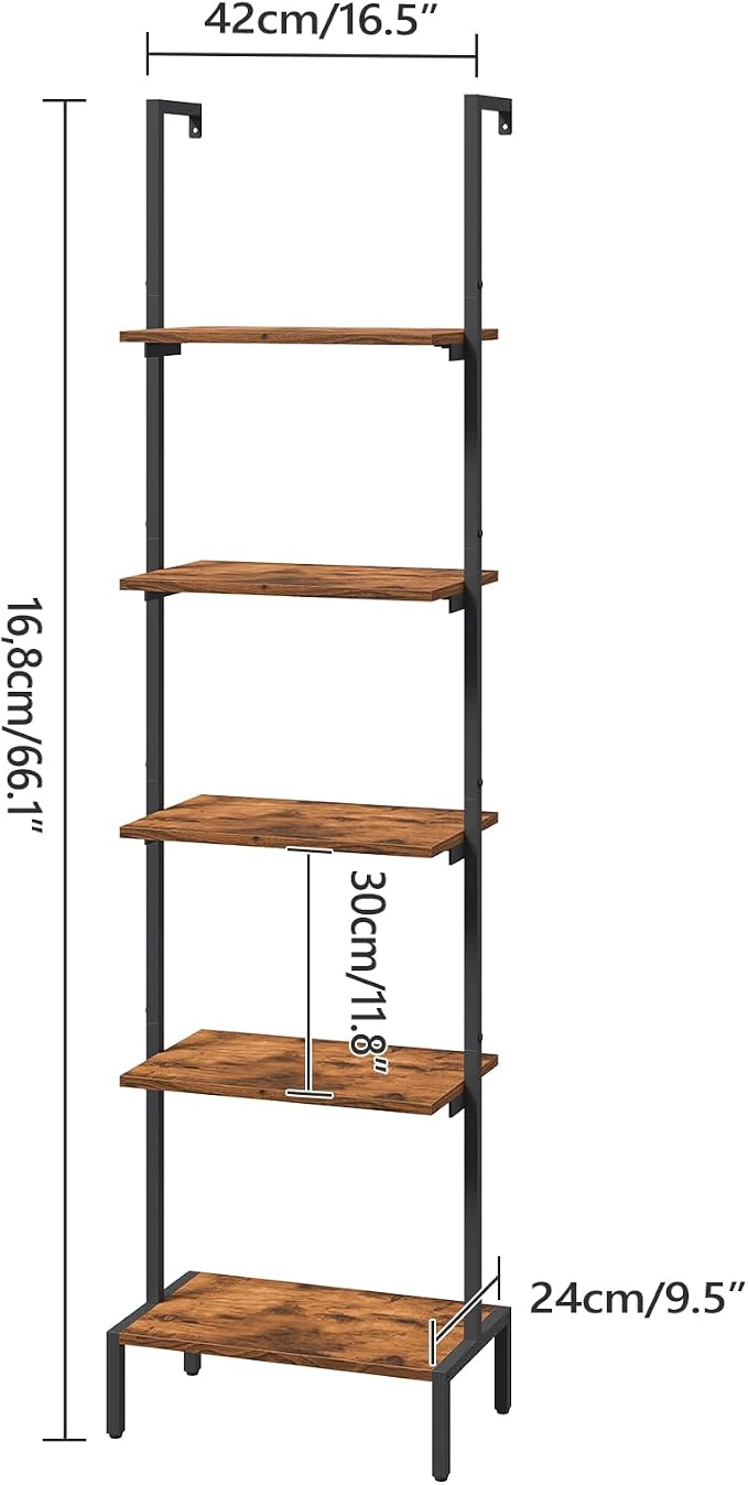 MAHANCRIS Ladder Shelf, 5-Tier Bookshelf, Ladder Bookcase with Wall Mount, Heavy Duty Industrial Style Storage Rack for Living Room, Office, Kitchen, Bedroom, Rustic Brown and Black LSHR5501