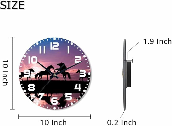 Horses Sunset Wall Clock Battery Operated Horses with Water Reflection Wall Clock Silent Non Ticking Quality Quartz 10 Inch Round Easy Clock to Read for Home Office