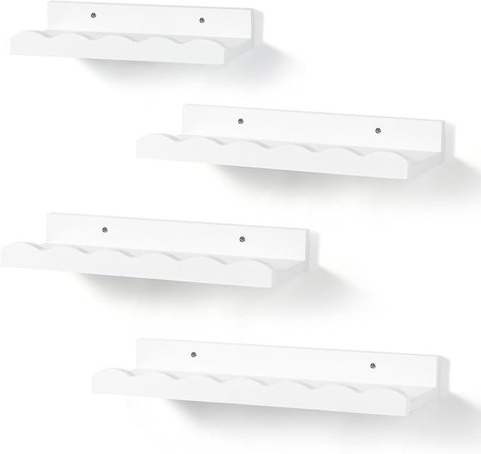 Suzile Set of 4 Floating Nursery Book Shelves for Wall Wood Floating Bookshelves Picture Small Ledge Shelf for Wall Boys Girls Teen Room Bathroom Bedroom Decor Storage(White)