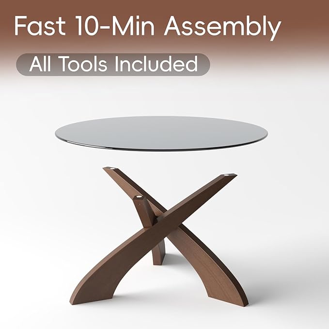 Honyee Glass Coffee Table, 30.7” Round Coffee Table with Tempered Glass Top, Walnut Wood X-Shaped Base, Stable Modern Center Table for Living Room, Apartment and Small Spaces