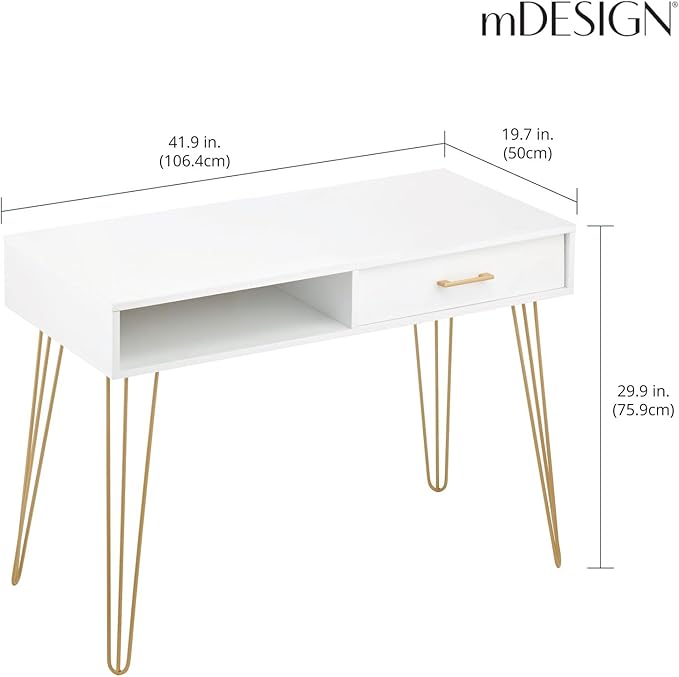mDesign Metal/Wood Modern Minimalist Computer Desk - Computer Table with Drawer with Storage Cubby and Hairpin Legs - Small Work Desk for Home Office, Study - White/Soft Brass