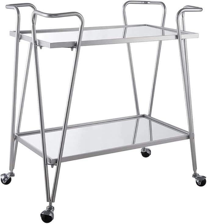 Riverbay Furniture Mid-Century Metal Bar Cart, Silver Chrome Finish, 30" W x 17.25" D x 32.5" H, Mirrored Shelves, Tubular Steel Frame with Locking Casters, Mobile Bar or Meal Service for Home