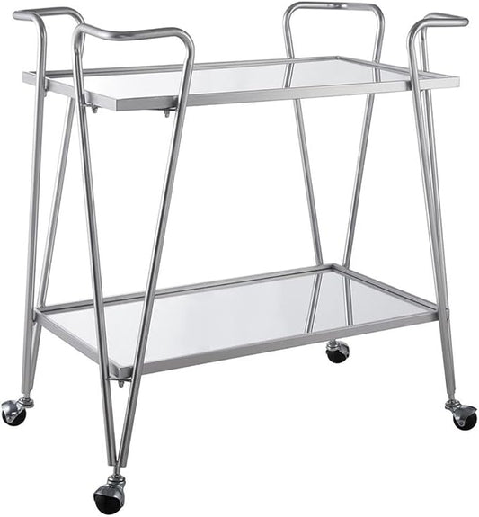Riverbay Furniture Mid-Century Metal Bar Cart, Silver Chrome Finish, 30" W x 17.25" D x 32.5" H, Mirrored Shelves, Tubular Steel Frame with Locking Casters, Mobile Bar or Meal Service for Home