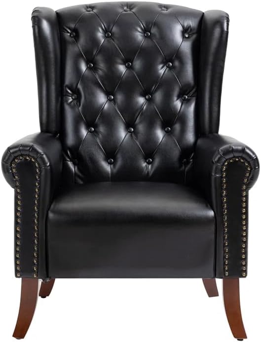 Faux Leather Accent Chair, Mid-Century High Back Armchair Upholstered Club Sofa Chair with Wooden Legs, Living Room Chair for Bedroom, Office, Lounge (Black)