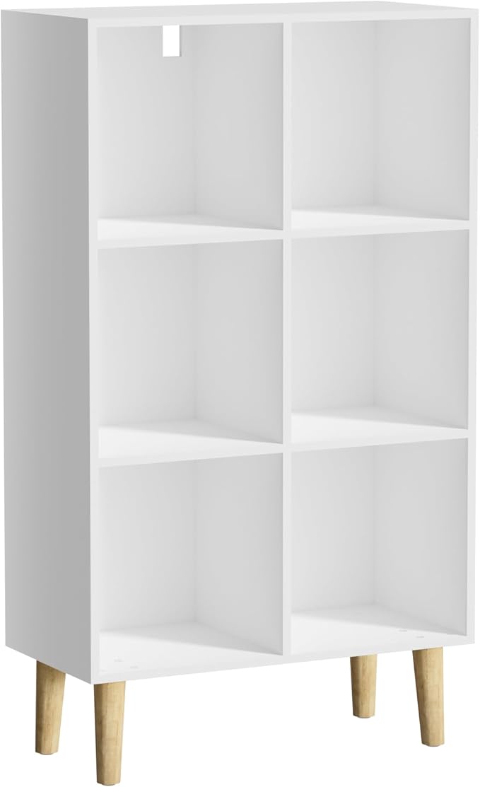 6 Cube Bookcase, Wooden Book Shelf Cube Storage Organizer with Legs, 3 Tier Bookshelf Freestanding Open Shelves for Bedroom, Living Room and Home Office (White, 6 Cube Vertical)