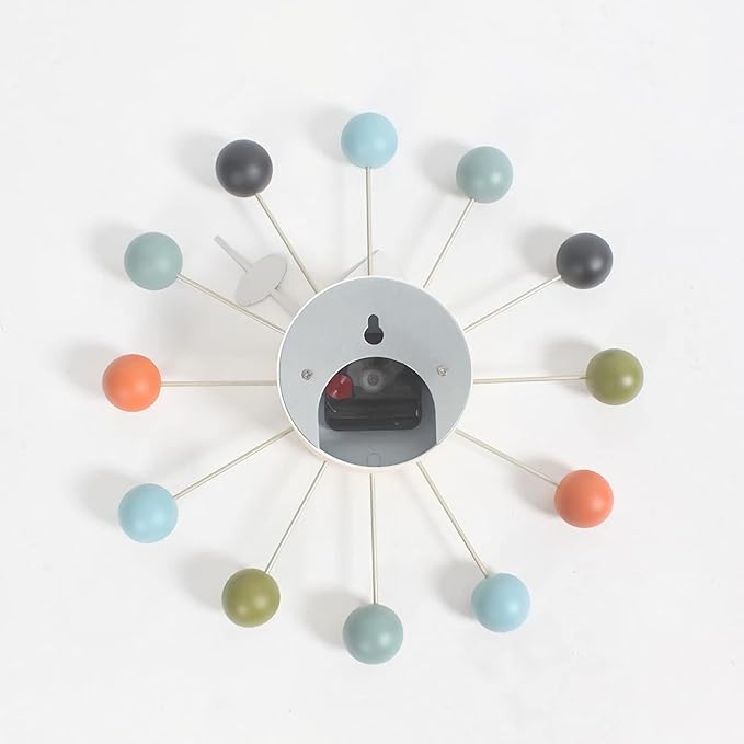 SHISEDECO Ball Clock in Multicolor, Painted Solid Wood Non Ticking Decorative Mid Century Modern Silent Wall Clocks Retro Design for Home, Kitchen, Living Room, Office etc.