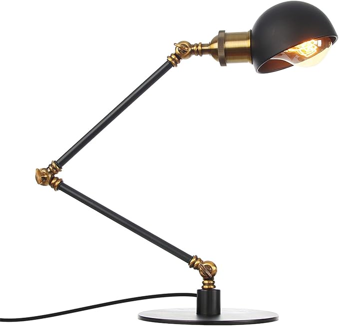 Makeup Vintage Desk Lamp, Adjustable Swing Arm Industrial Metal Task Table Lamp, Bedroom Bedside Night Light Cafe Retro Reading Lighting,Black+Gold