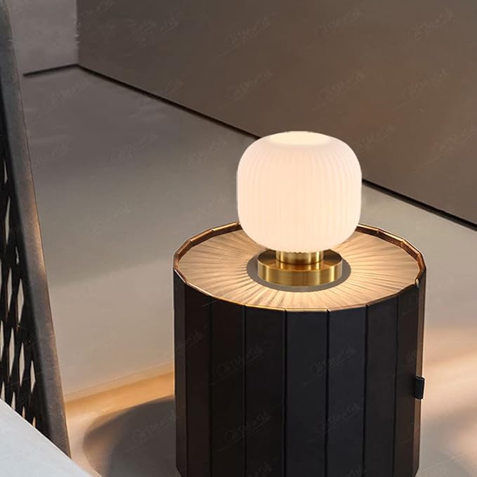 mid Century Modern Table lamp Gold Desk lamp White Ribbed Glass Shade Globe Table lamp nightstand lamp Small Table lamp for Bedside end Table Bedroom Living Room Office