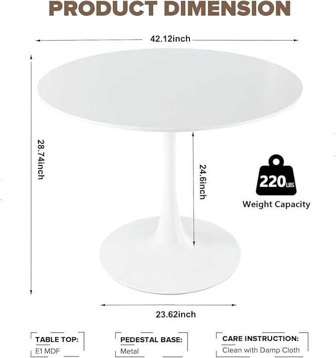 42 Inch White Round Dining Table for 4-6 Person,Modern White Tulip Table,Mid-Century Leisure Table Kitchen Dining Table with MDF Tabletop and Pedestal Base for Home Kitchen
