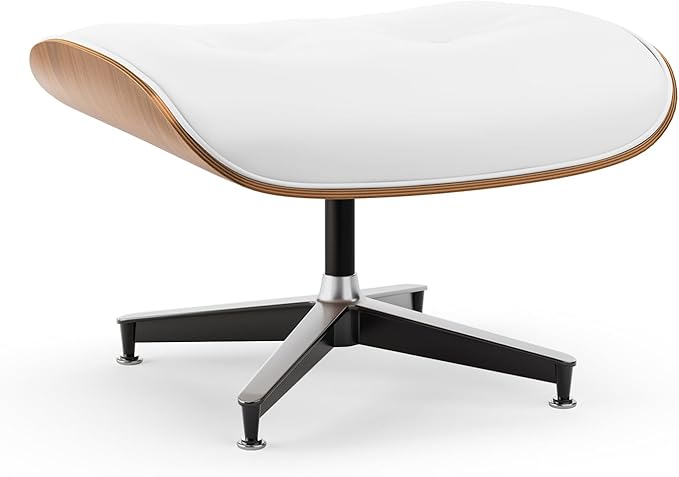 Top White PU Leather, Mid Century Chaise Lounge Chair and Ottoman, Modern Chair Classic Design, Walnut Wood, Heavy Duty Base Support for Living Room Office