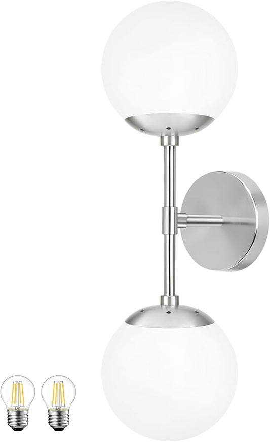 KoKo&Yukina Nickel 2 Light Vanity Light Fixtures Mid Century Modern Bathroom Vanity Light Globe Sconce with Milky White Glass for Bathroom Bedroom