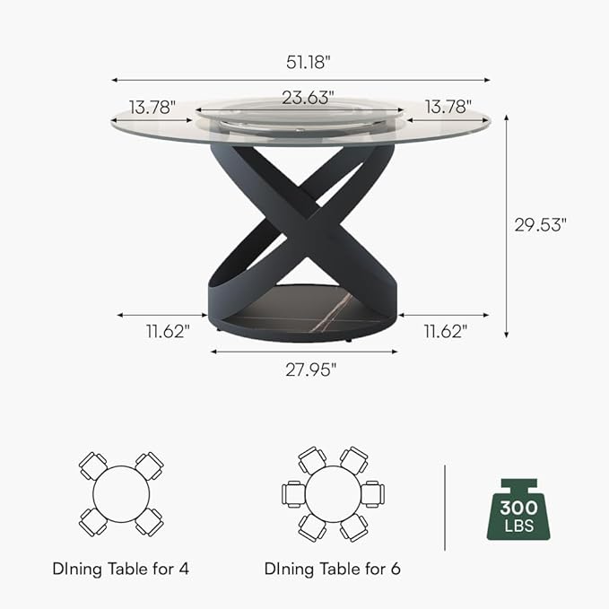 POVISON 51" Modern Round Dining Table with Lazy Susan, Glass Round Kitchen Table for 4, Tempered Glass Dining Room Table top with Black X Carbon Steel Base (Dining Table Only)