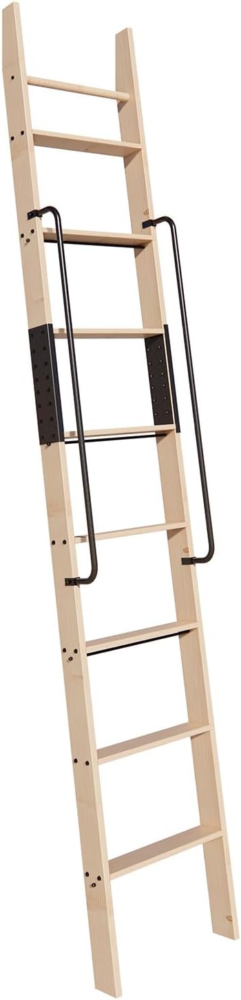 108in Knotty Pine Wood Library Ladder with Black Handrail – 300 lbs Capacity, Unfinished for Painting or Staining