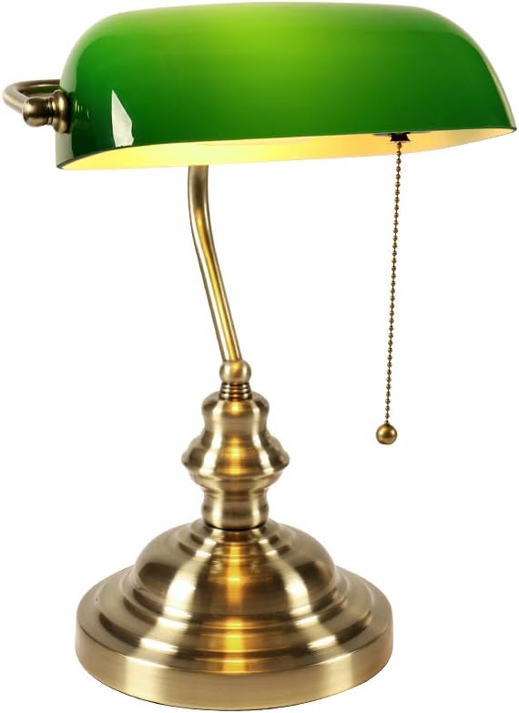 Glass Bankers Desk Lamp with Pull Chain Switch Plug in Fixture (Green)